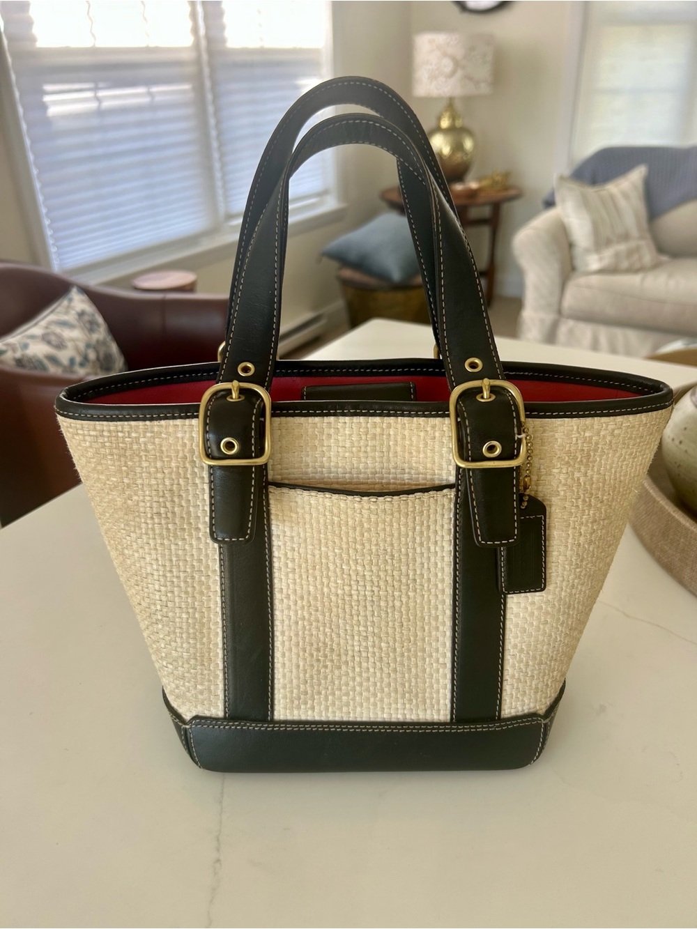 Coach Vintage 2003 Woven Straw Tote Black Leather Pink Interior B3K-8909